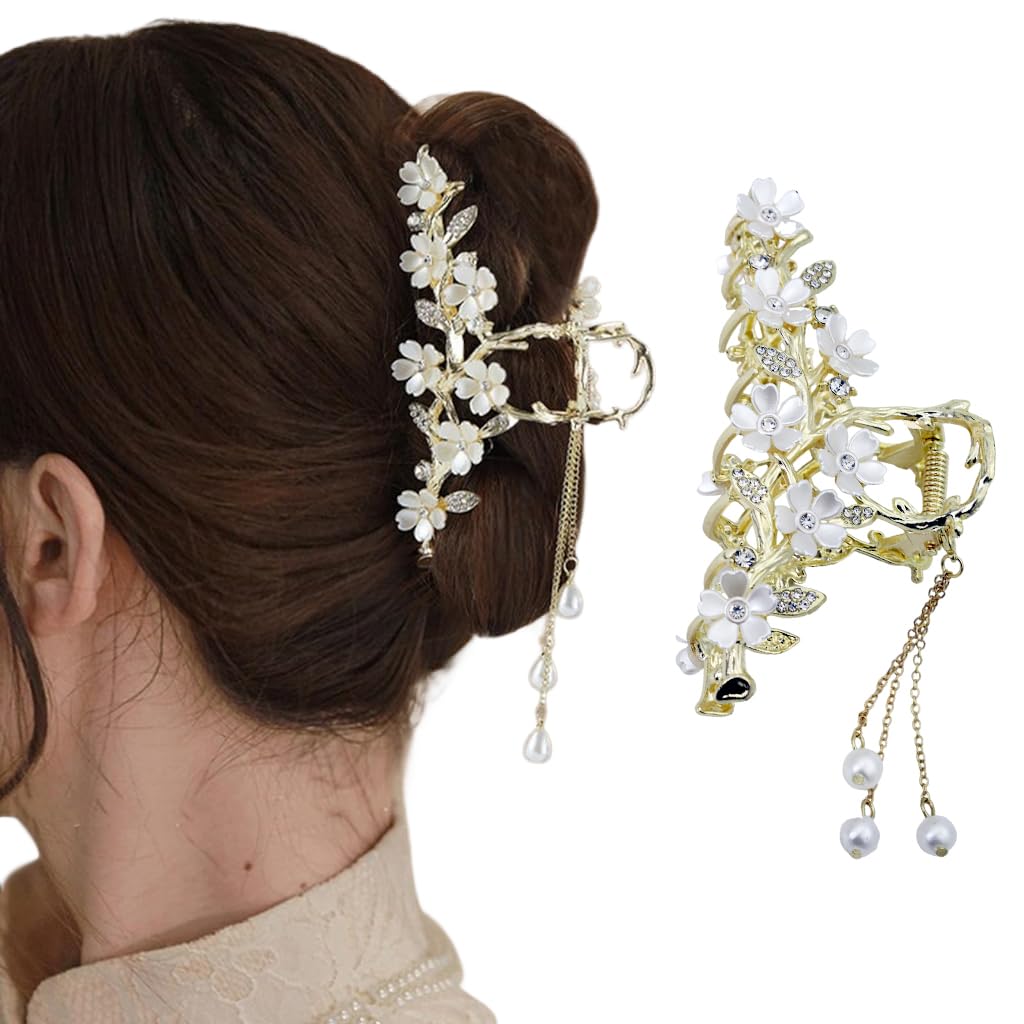 PALAY Big Hair Claw Clips for Women Jasmine Flower Claw Clip for Hair Stylish Tassel Rhinestone Updo Hair Clip French Large Metal Strong Hold Hair Jaw Clips PALAY Big Hair Claw Clips for Women Jasmine Flower Claw Clip for Hair Stylish Tassel Rhinestone Updo Hair Clip French Large Metal Strong Hold Hair Jaw Clips